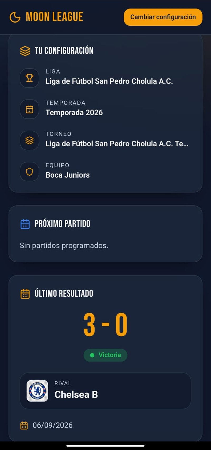 Pantalla de estado con el próximo partido y el último resultado