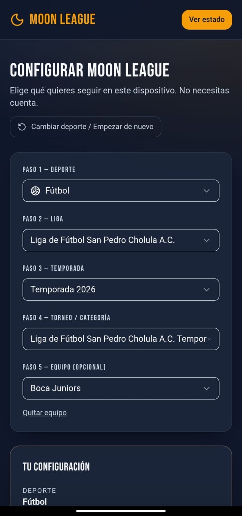 Pantalla para elegir deporte, liga, temporada, torneo y equipo