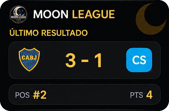 Widget pequeño de Moon League en la pantalla de inicio: último resultado 3-1, posición y puntos