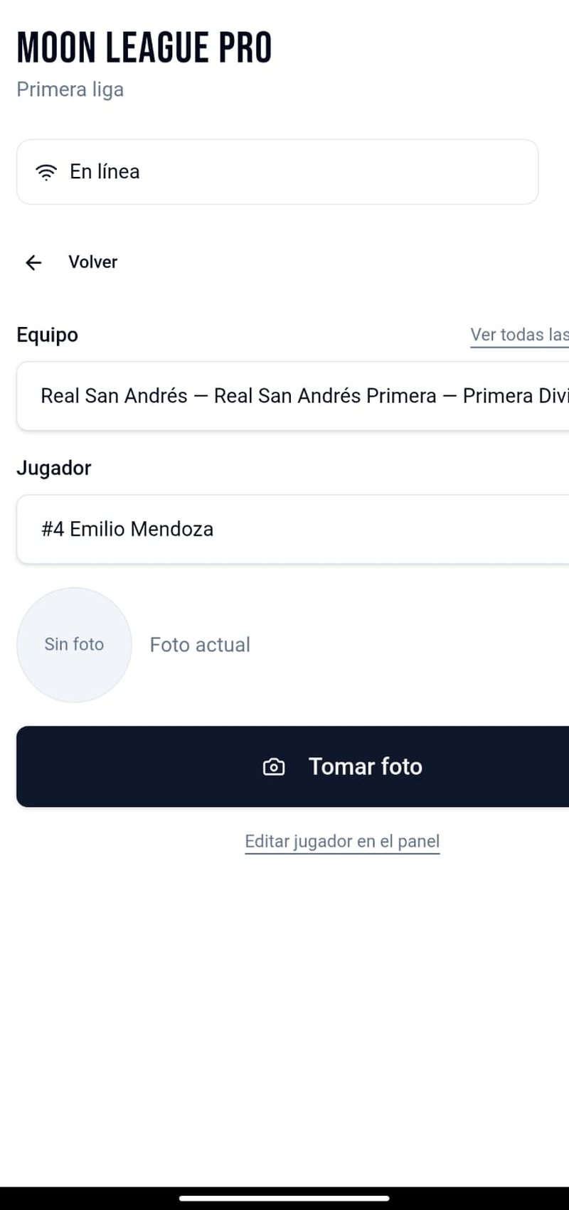 Pantalla para tomar la foto de un jugador desde la cancha