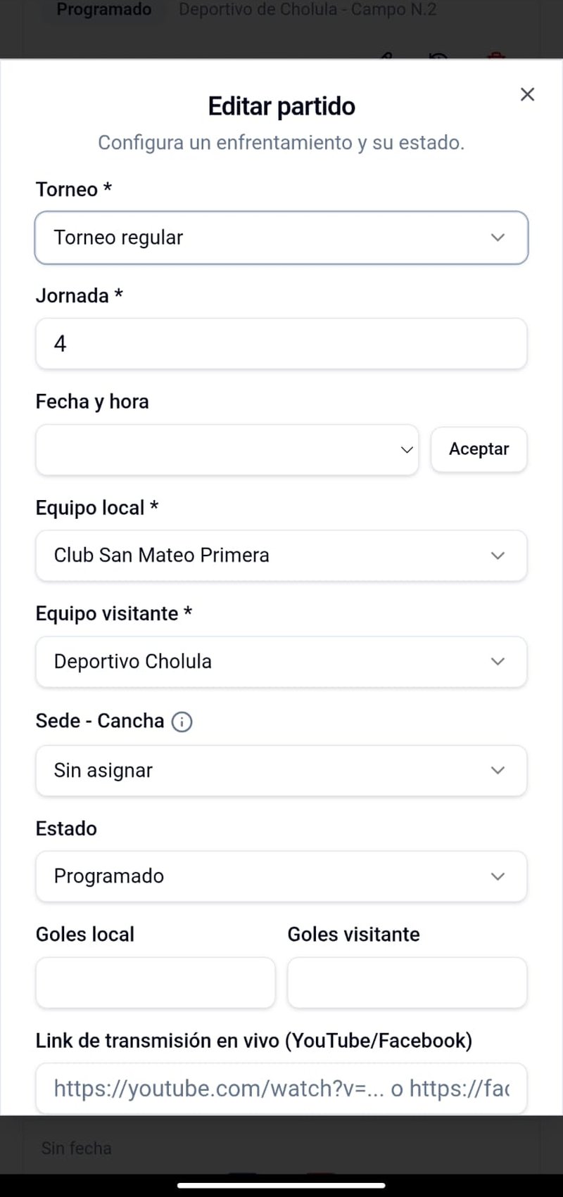 Panel de administración editando un partido desde el teléfono